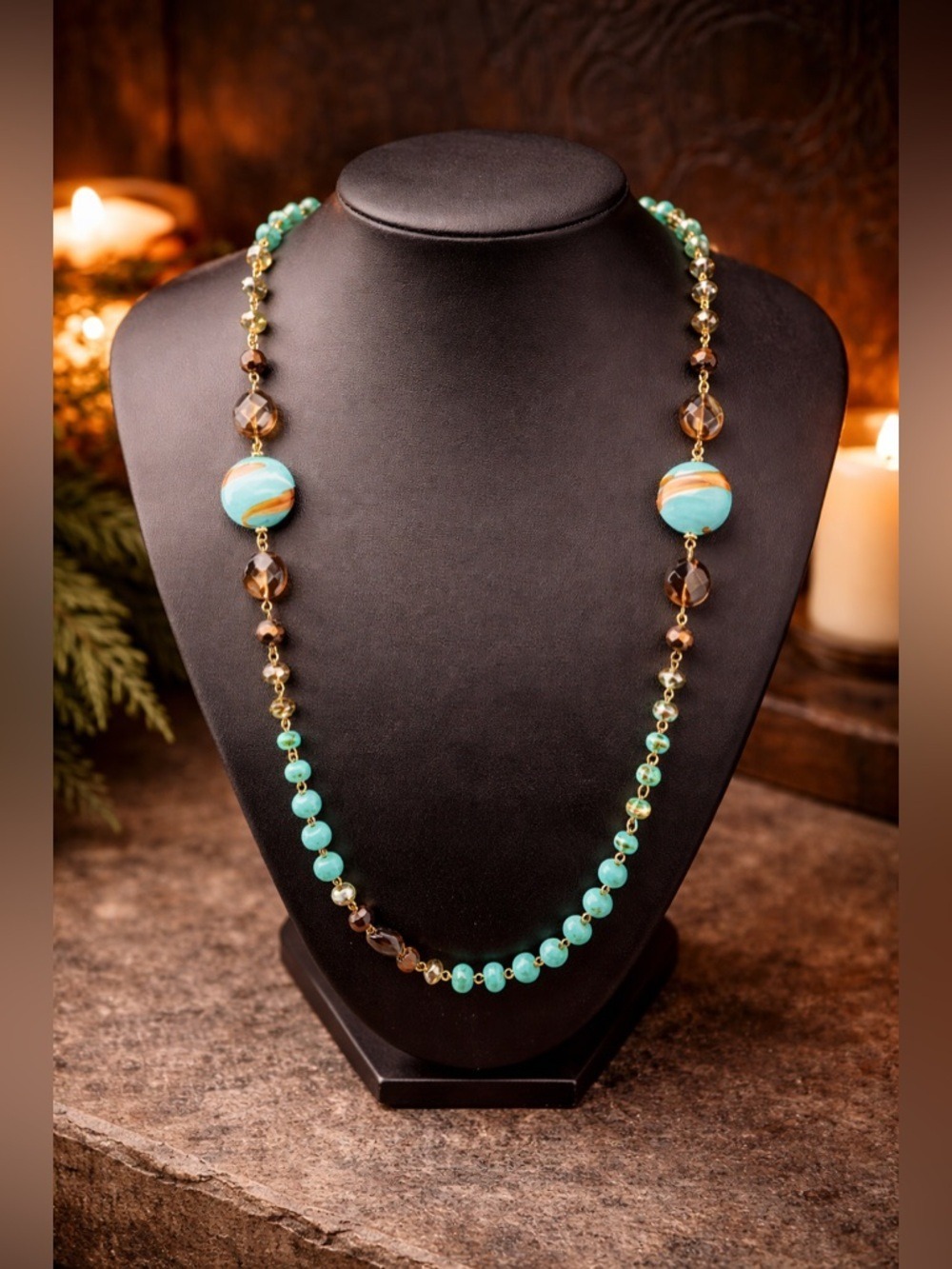 🩵 Vintage Vendôme Designer Turquoise & Smoky Crystal Statement Necklace